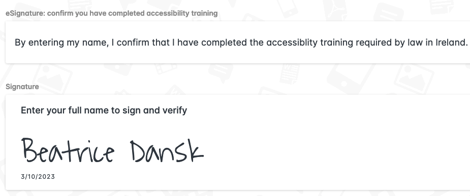 LearnUpon eSignature screen showing learner confirmation and signing date for compliance training