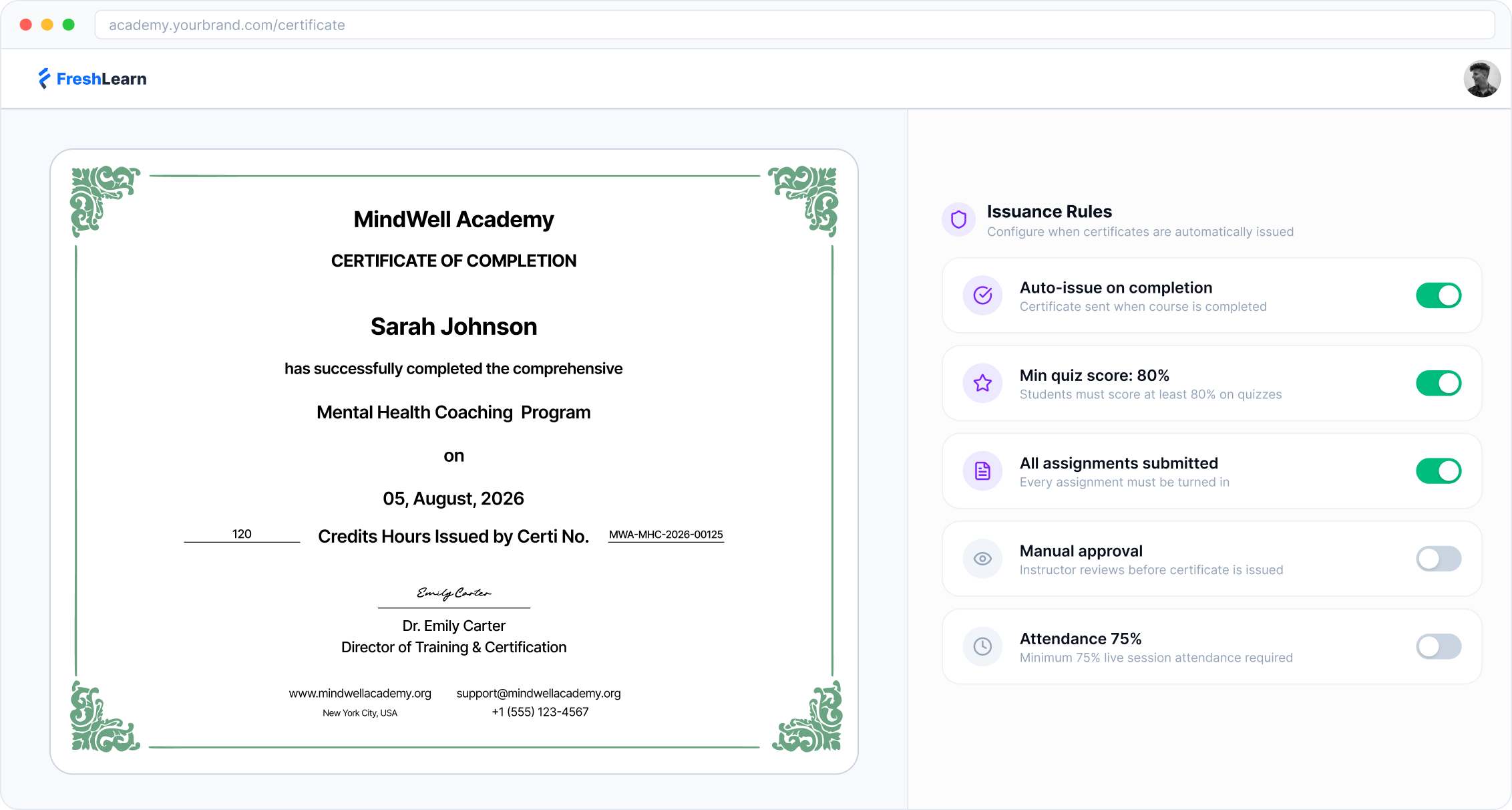 Mental health certificate issuance rules in FreshLearn