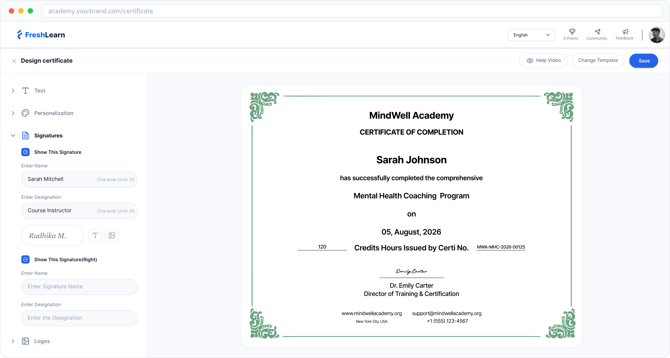 Sample certificate for mental health coaching programs by FreshLearn
