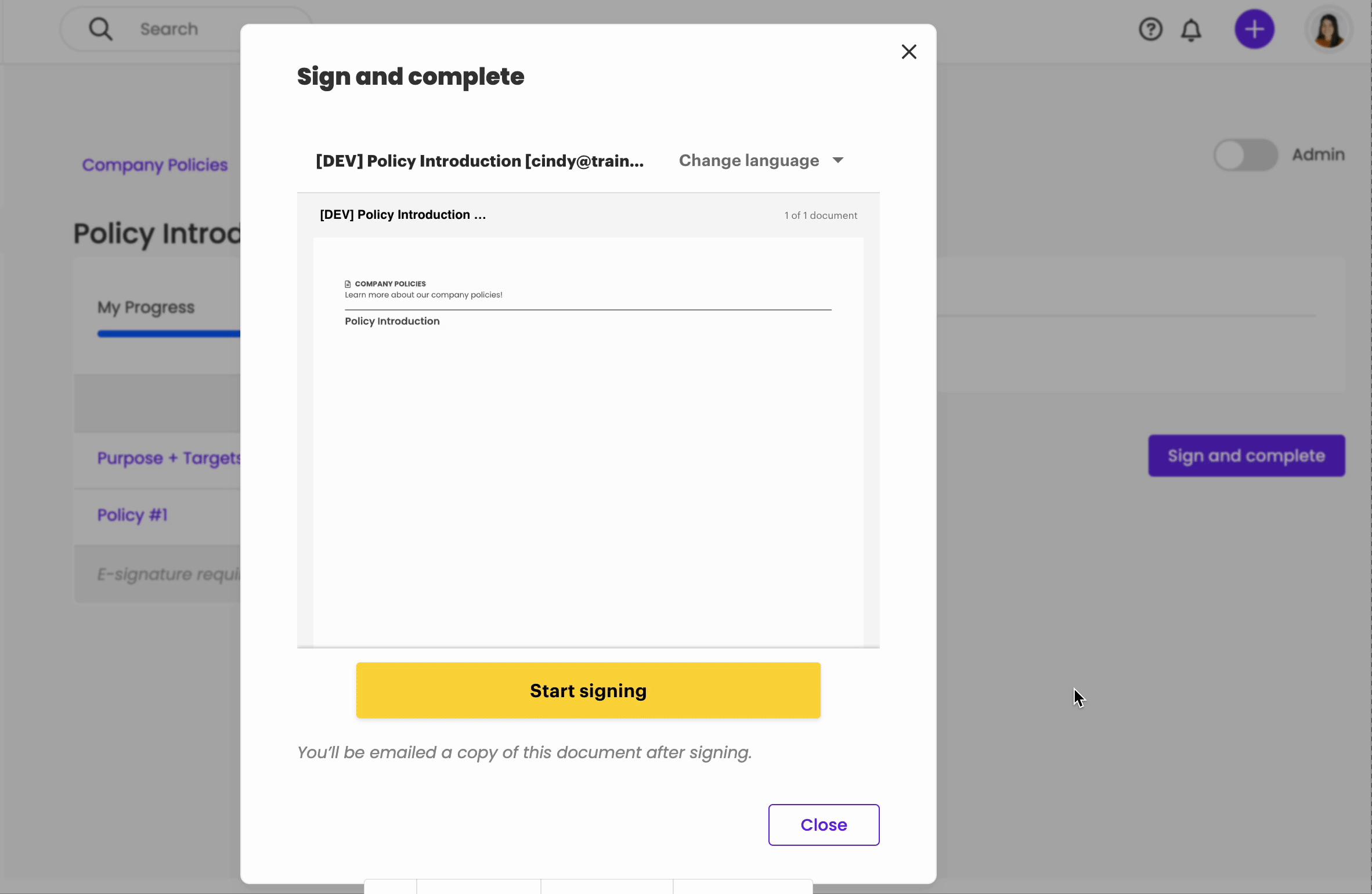 Trainual policy e-signature feature showing employees acknowledging company policies and recording signed training completion.