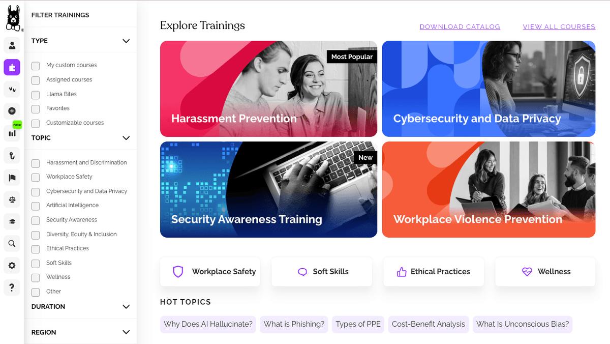 EasyLlama compliance training course library featuring workplace safety, data privacy, and harassment prevention courses