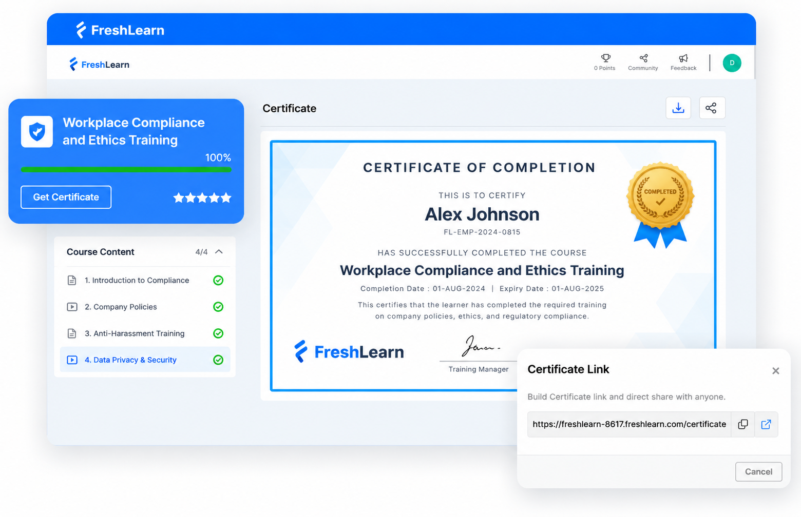 FreshLearn training completion certificate and course progress dashboard